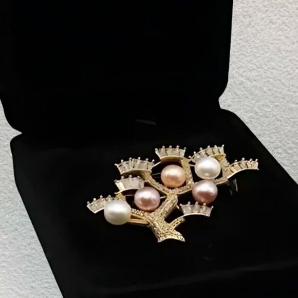Luxurious Freshwater Pearl Tree Brooch Multi-Bead Cubic Zirconia Gold Plated NWT - Picture 8 of 9